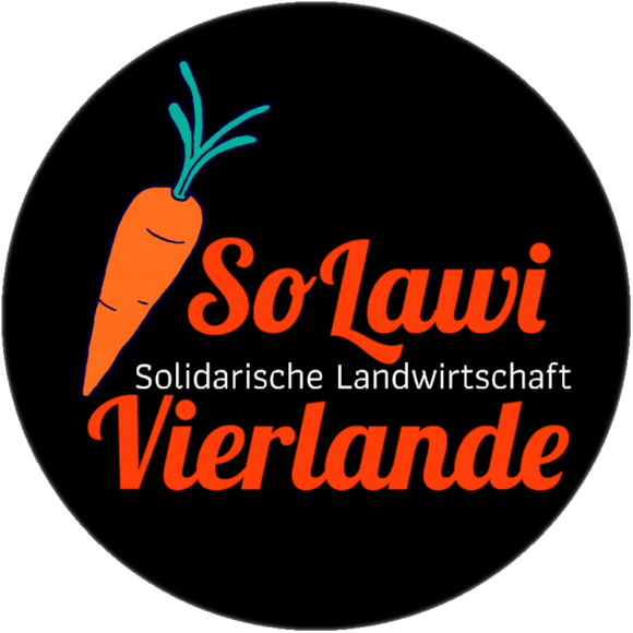 Logo: schwarzer Kreis mit orangener Möhre und Schriftzug "SoLawi Vierlande - Solidarische Landwirtschaft"