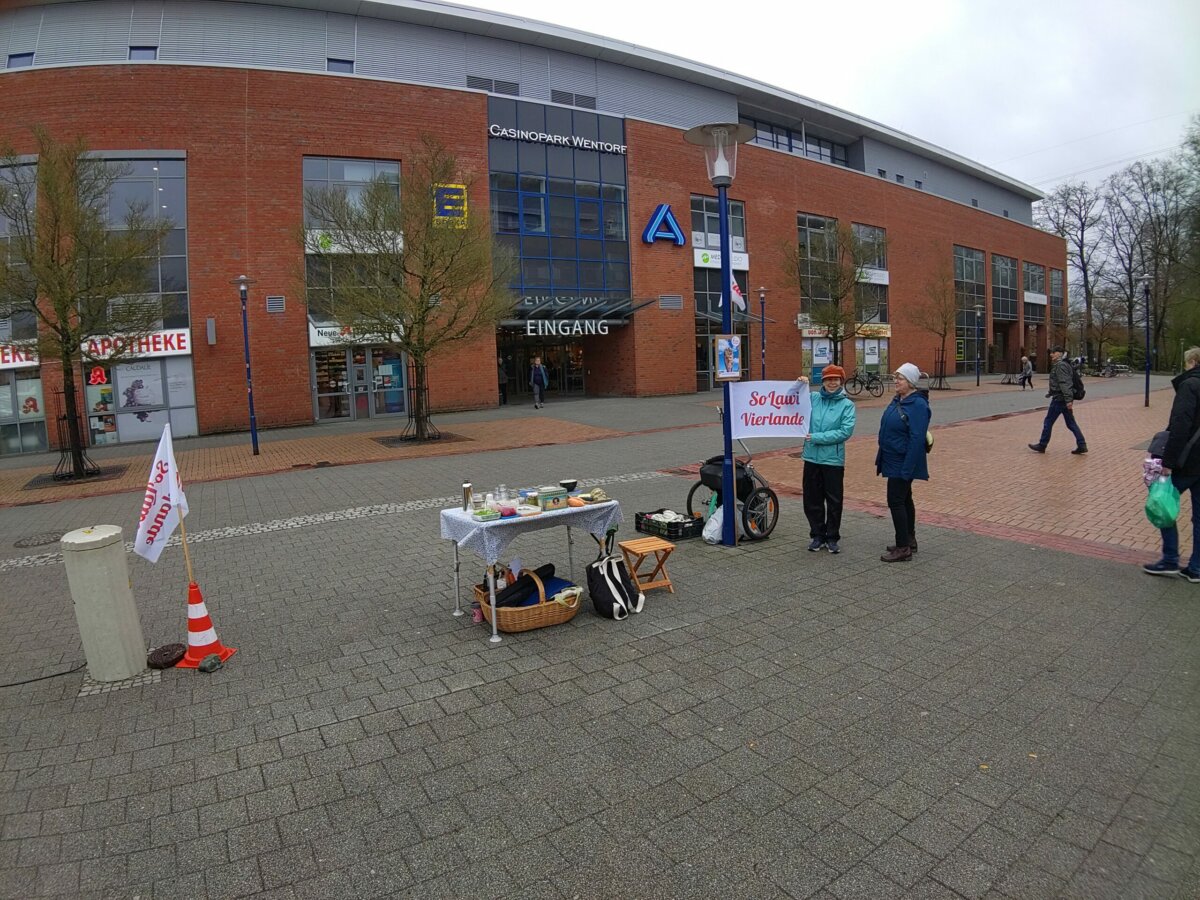 Werbung für unser neues Wentorfer Depot auf dem Wentorfer Wochenmarkt